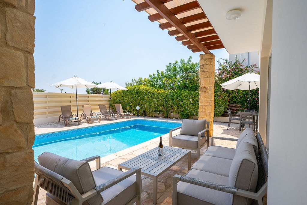 Private pool with loungers and patio